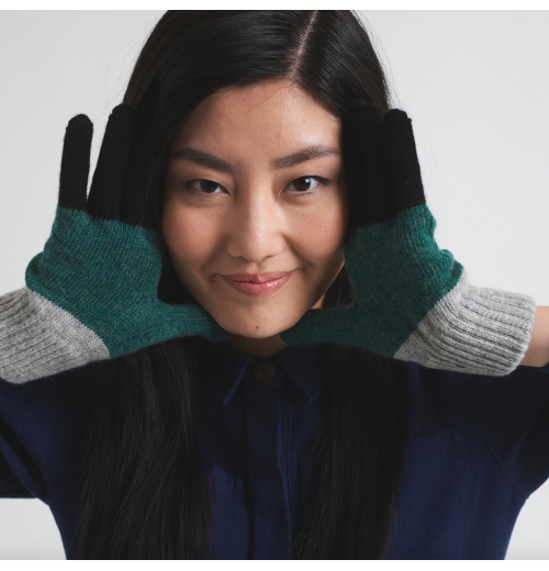 Miss Pompom Grey Colourblock Wool Gloves