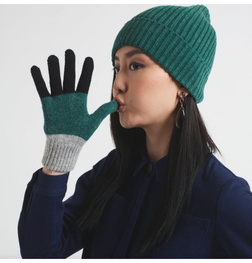 Miss Pompom Grey Colourblock Wool Gloves